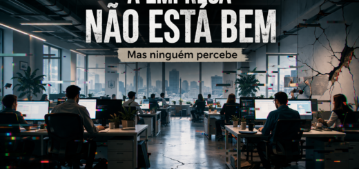 Escritório moderno com funcionários trabalhando normalmente enquanto falhas visuais e rachaduras sutis revelam problemas ocultos no ambiente corporativo