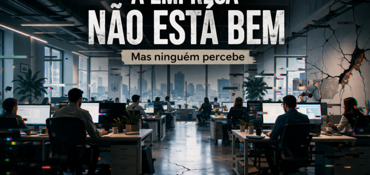 Escritório moderno com funcionários trabalhando normalmente enquanto falhas visuais e rachaduras sutis revelam problemas ocultos no ambiente corporativo